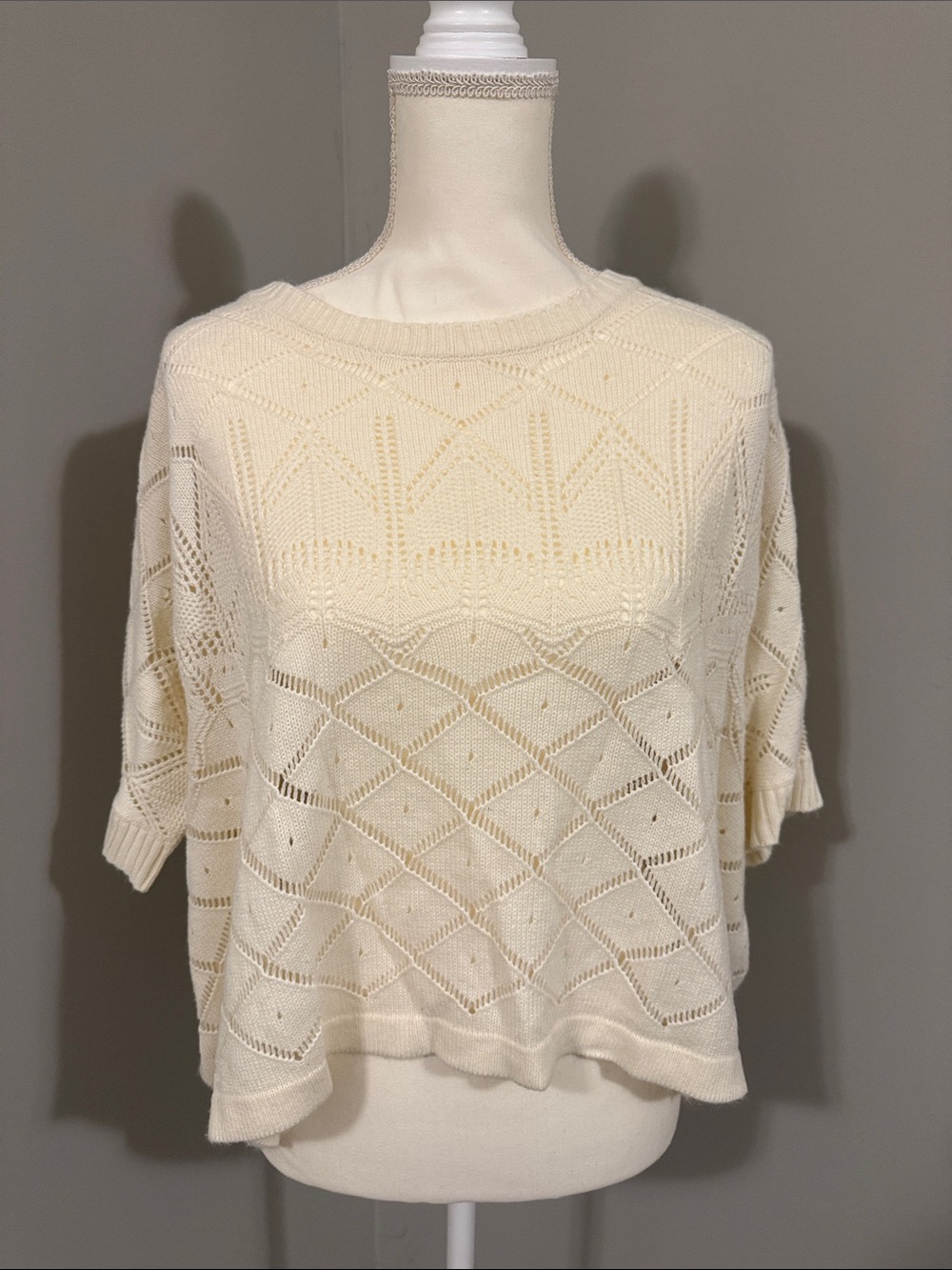 Cream Open-Knit Short Sleeve Sweater